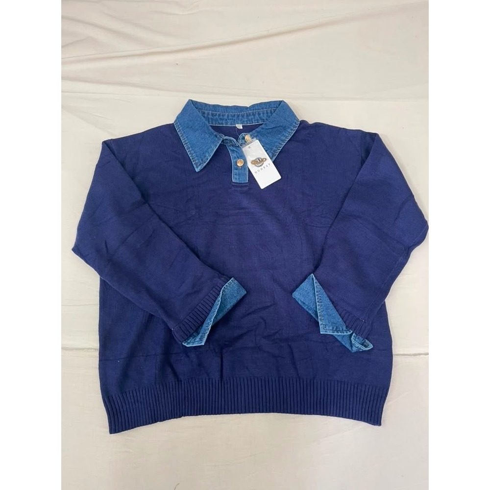 Gunest Navy Blue Knit Sweater Denim Collar Gold Crest Buttons Womens Large NWT